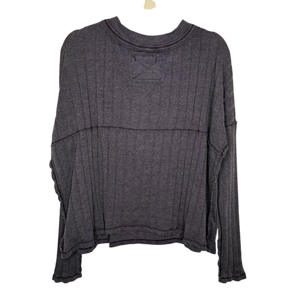 We The Free Charcoal Gray Ribbed Button-Up Long Sleeve Top, L - Picture 2 of 9